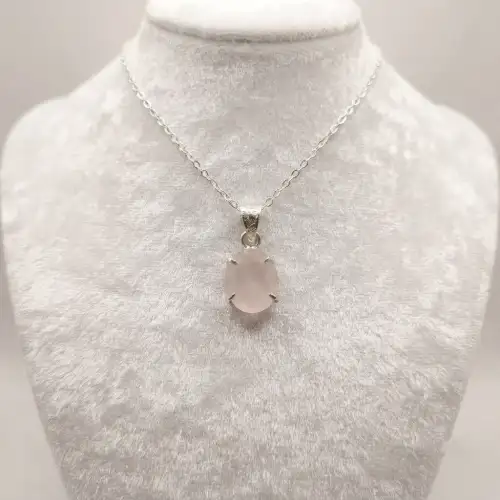 Rose Quartz Pendant Necklace Worn On Neck With Oval Pink Stone - 2nd View
