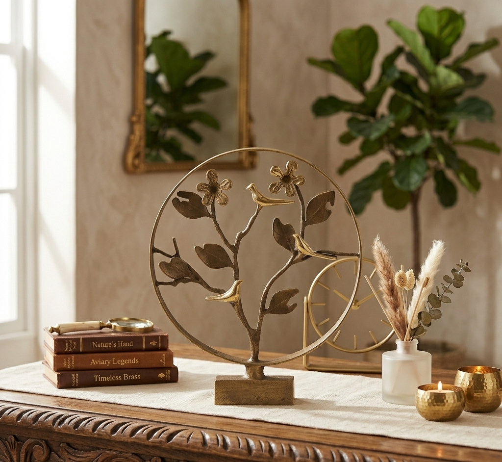 Close-up of brass Tree of Life with birds showing detailed artisan metal craftsmanship