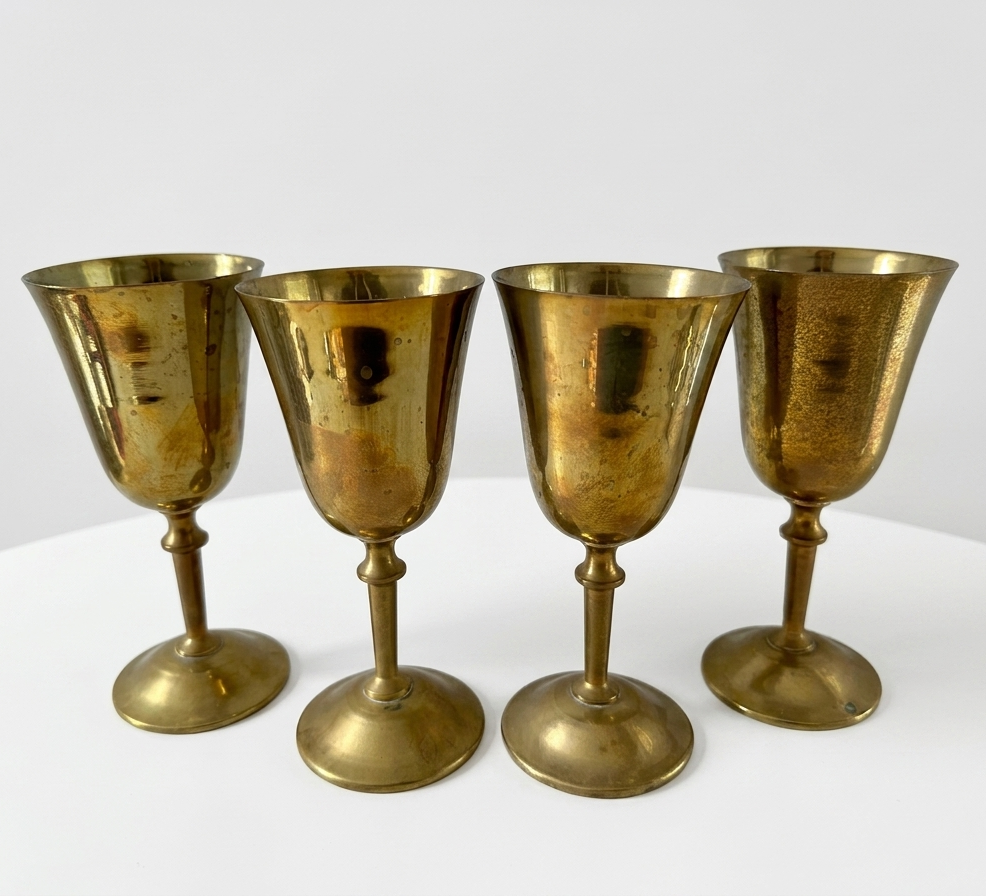 Handcrafted solid brass goblets with polished finish displayed as premium wholesale brass drinkware for hospitality, gifting, and international export markets.