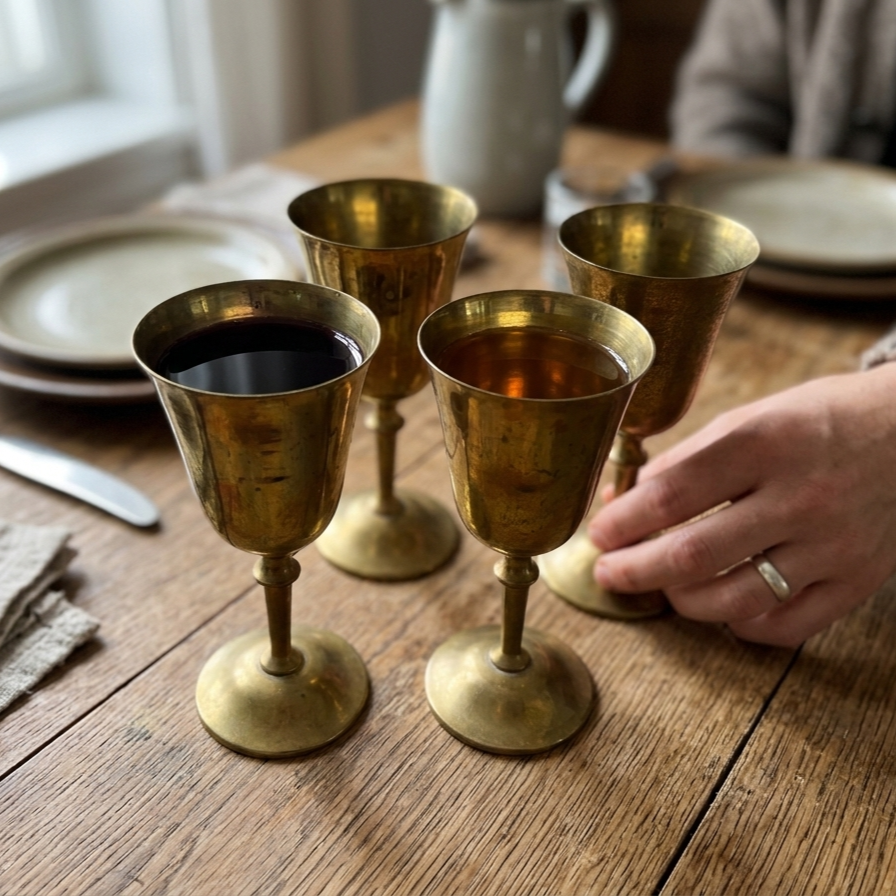 Set of handcrafted solid brass goblets with polished finish for wholesale hospitality and tableware buyers