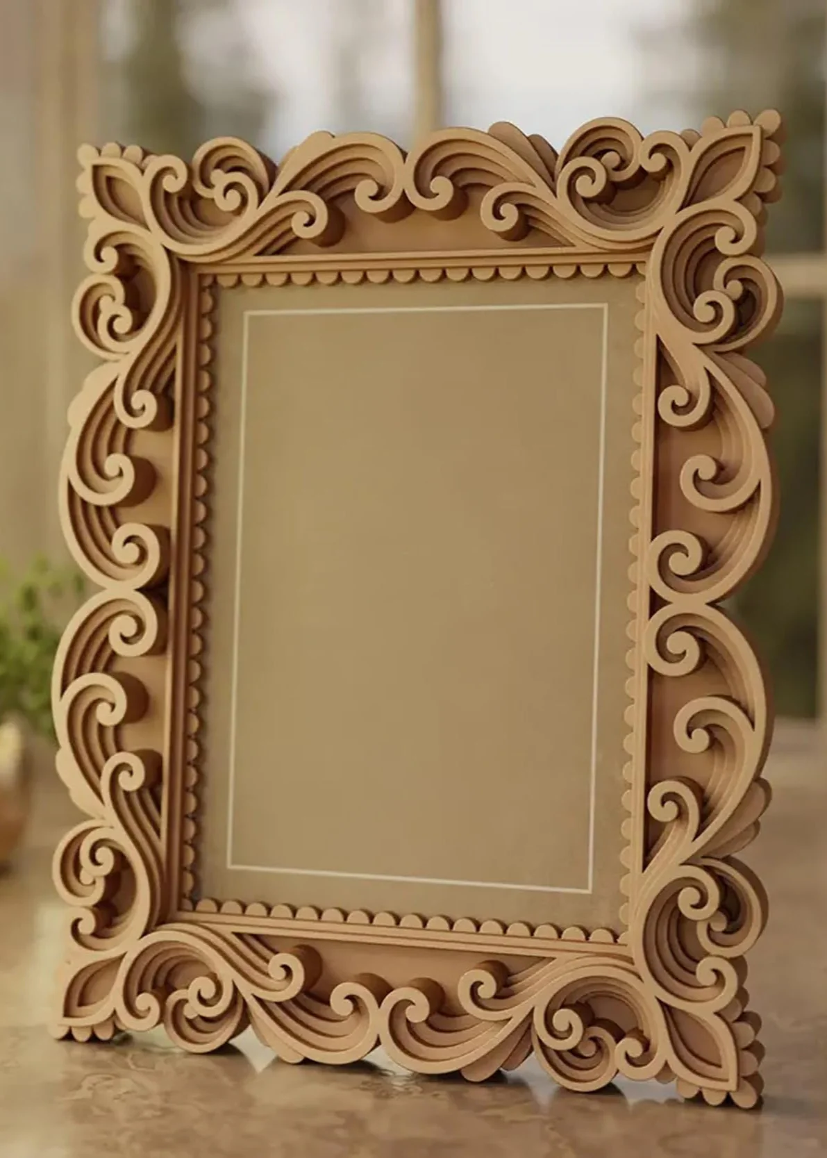 Handcrafted wooden photo frame made from premium mango wood featuring intricate carved scrollwork design for wholesale home décor and gift retailers.